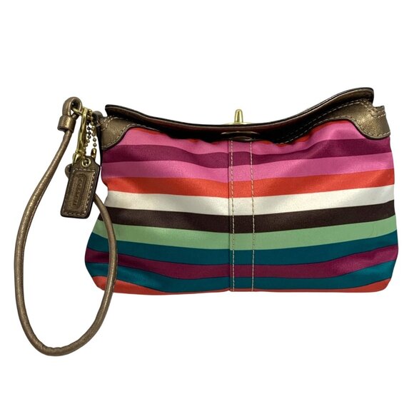 COACH Rainbow Stripe Satin Turnlock Top Wristlet Clutch Handle Bag w/ Hang Tag - Picture 1 of 8